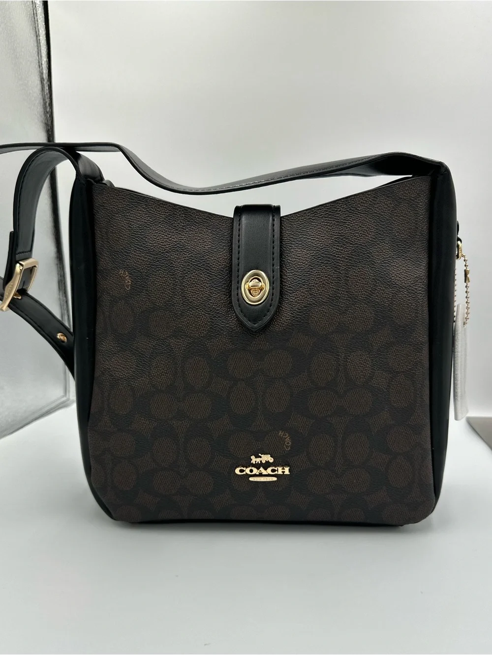 Coach Hadley Hobo Signature Canvas Brown Black Leather Turnlock Gold CW003 NWT